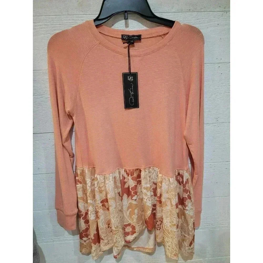 Diane Gilman NWT Womens XS Long Sleeve Blouse DG2 Peach Floral Bohemian